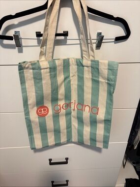 Gorjana Mint & Cream Striped Canvas Tote with Coral Logo
